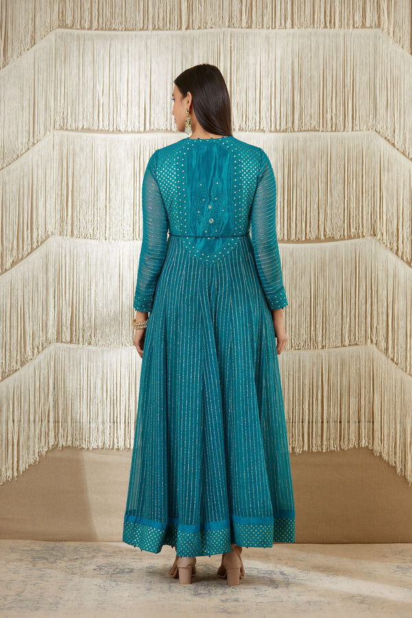 Teal Anarkali set.