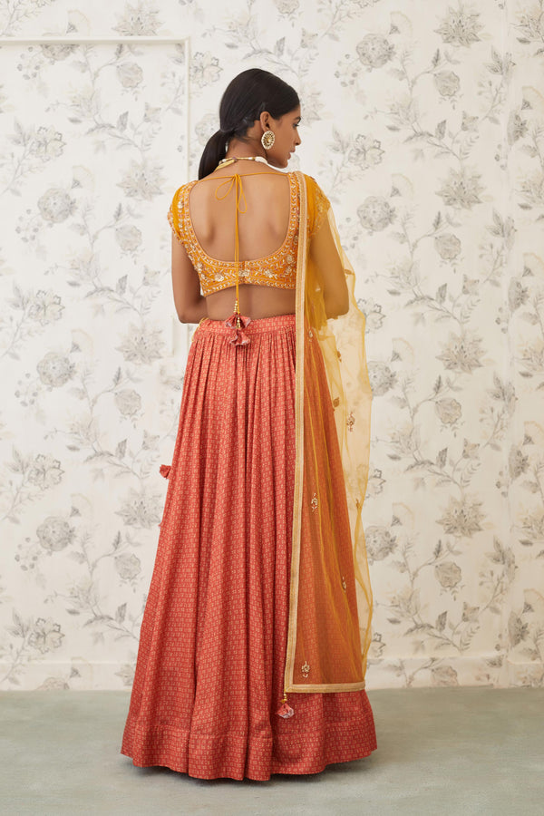 Mustard & Burnt Orange Lehenga Set.