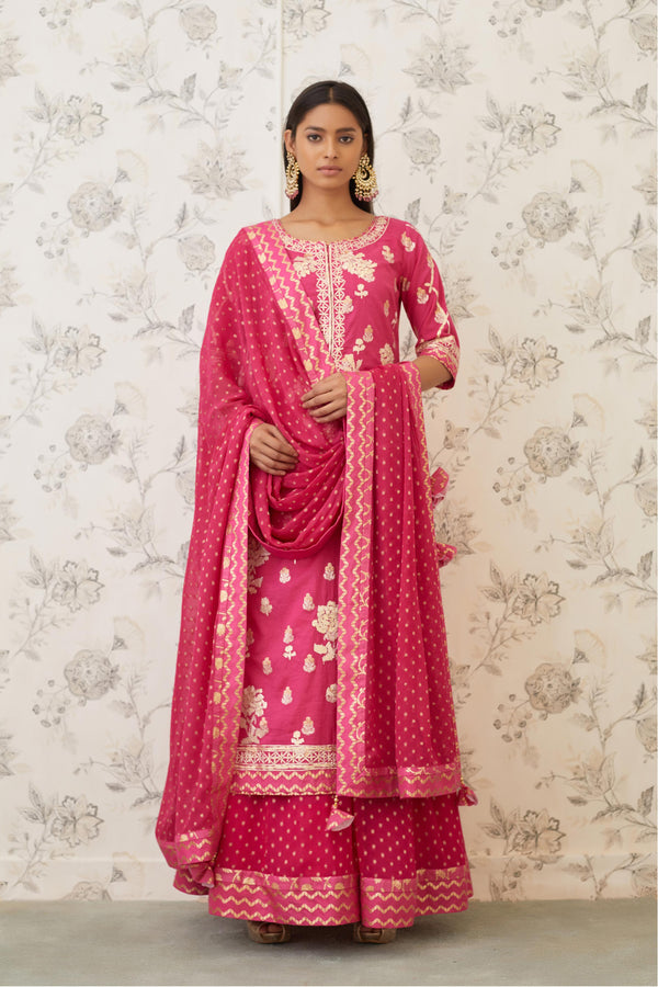 Magenta Kurta Skirt Set.