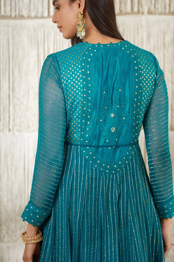 Teal Anarkali set.