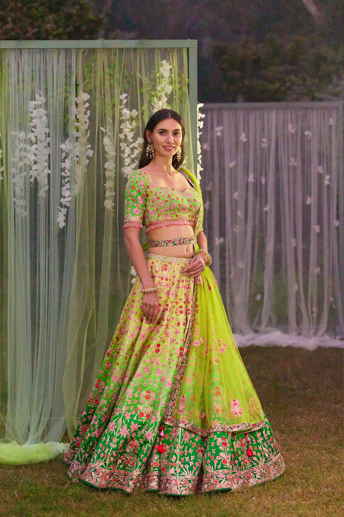 Buy Bollywood Model Light green and Pink Banarasi satin lehenga in UK, USA  and Canada | Party wear indian dresses, Party wear lehenga, Designer party  wear dresses