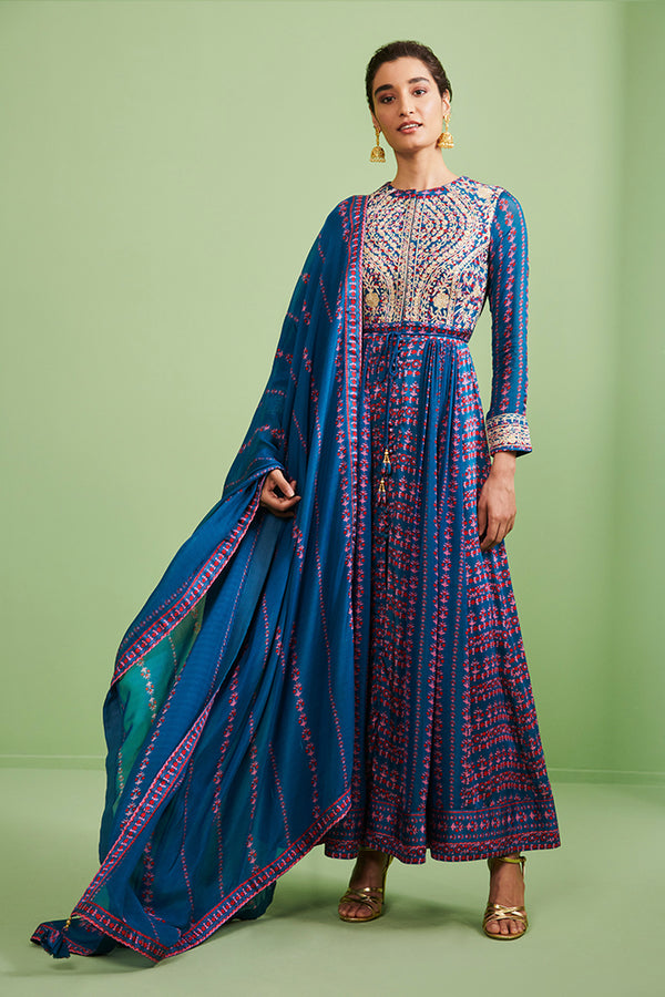 Teal Blue Anarkali Set.