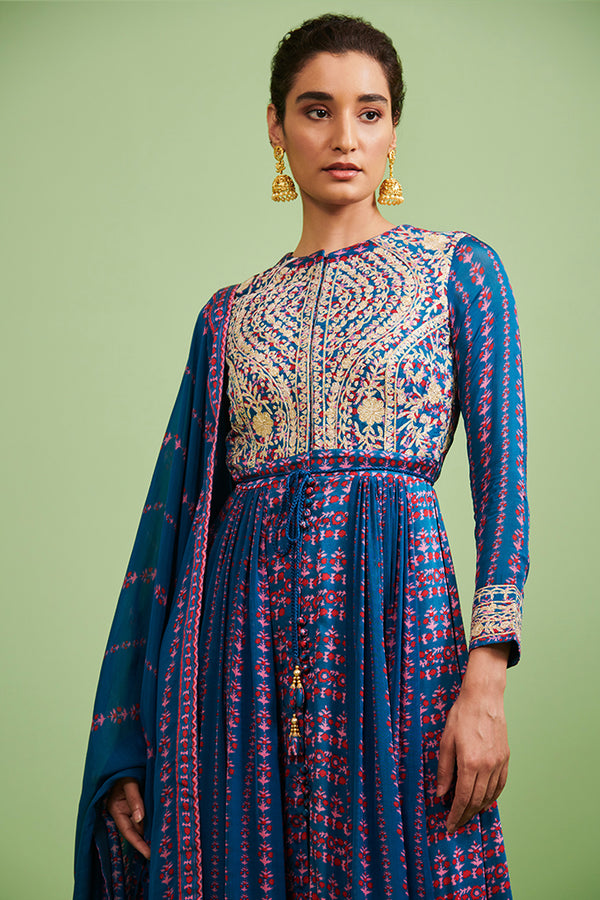 Teal Blue Anarkali Set.