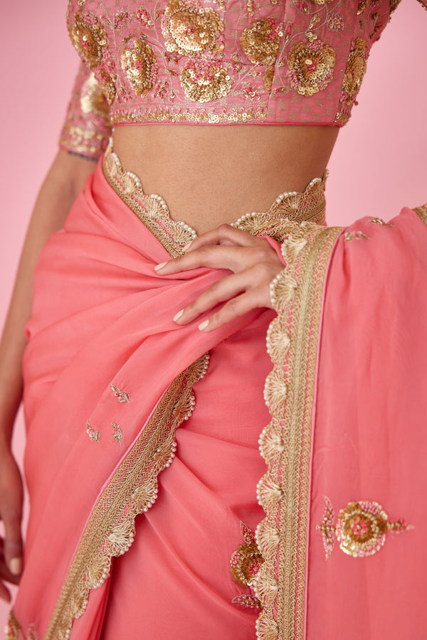 Coral Pink Saree Set.