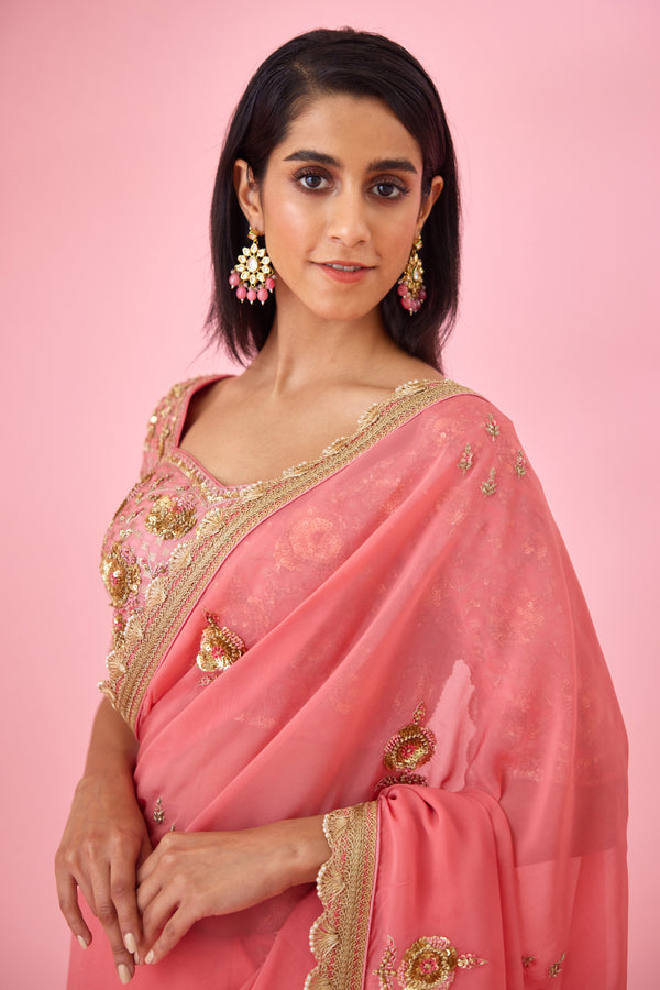 Coral Pink Saree Set.