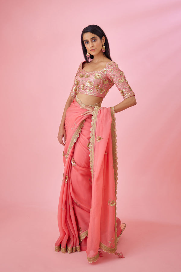 Coral Pink Saree Set.