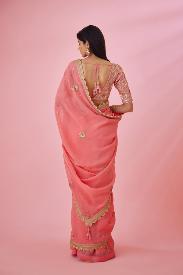 Coral Pink Saree Set.