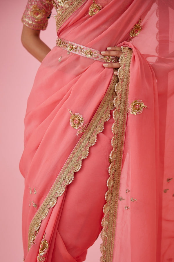 Coral Pink Saree Set.