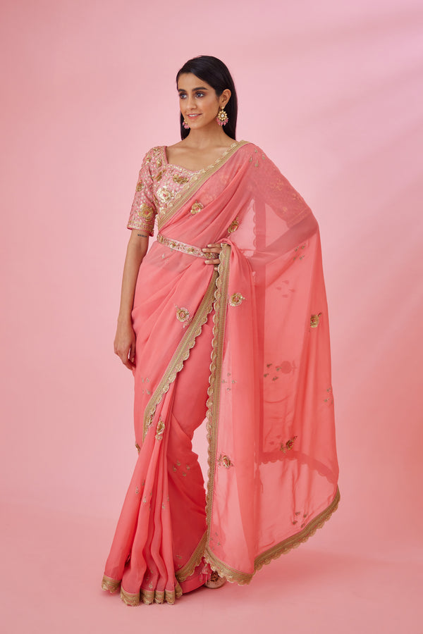 Coral Pink Saree Set.