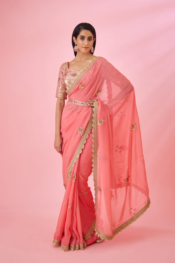 Coral Pink Saree Set.