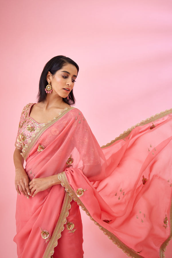 Coral Pink Saree Set.