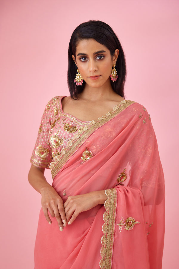 Coral Pink Saree Set.