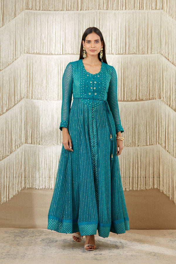 Teal Anarkali set.