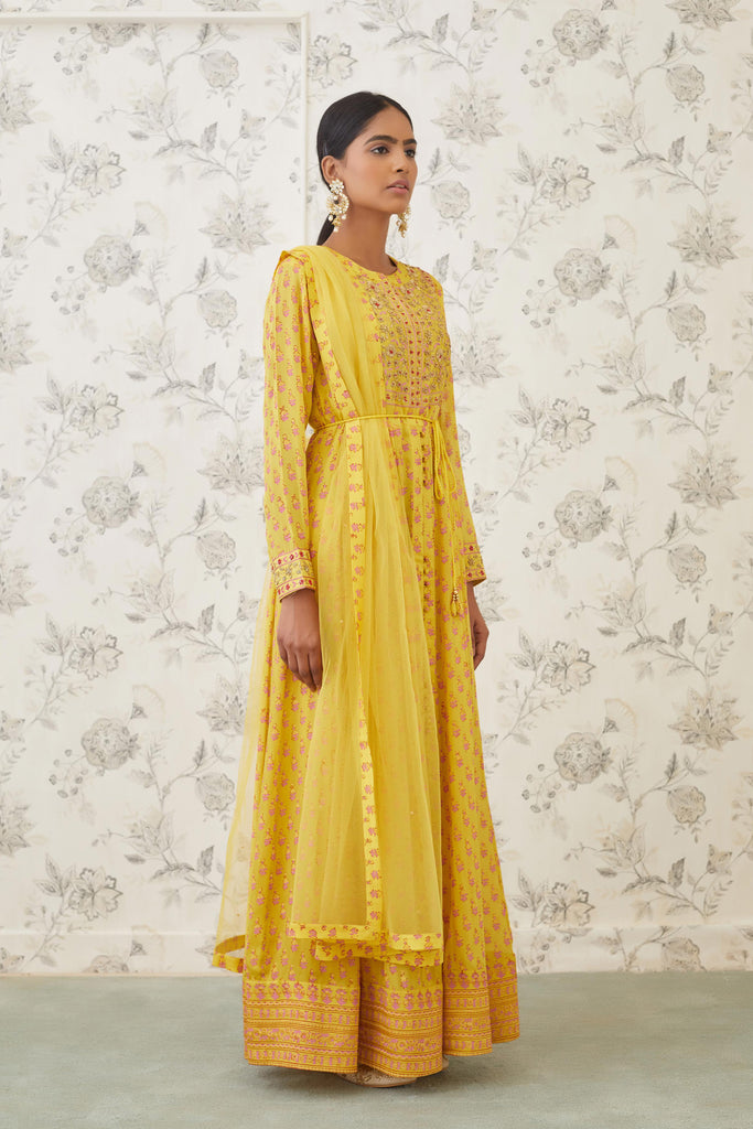 Mustard Yellow Long Anarkali Style Printed Gown – Suvidha Fashion