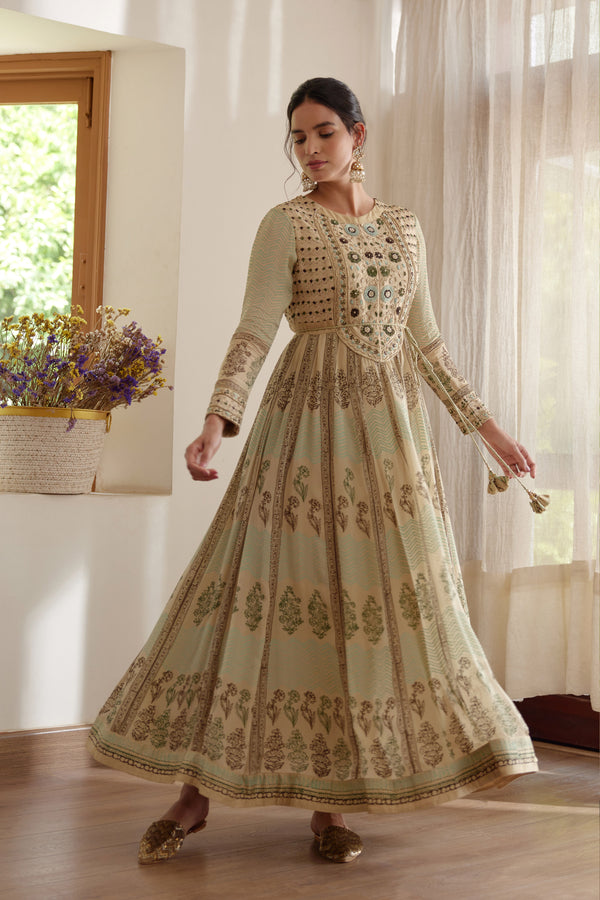 Neutral Green Anarkali Set.