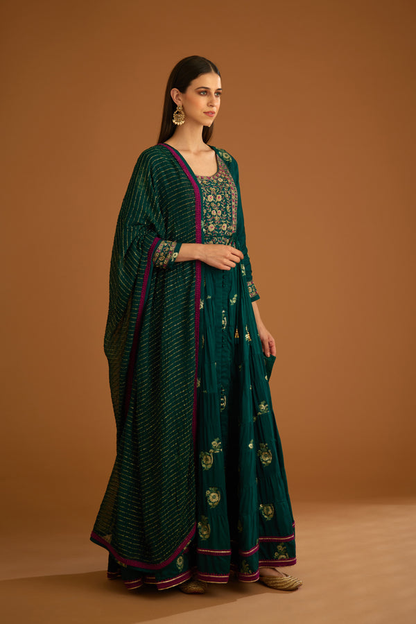 Bottle Green Anarkali Set.