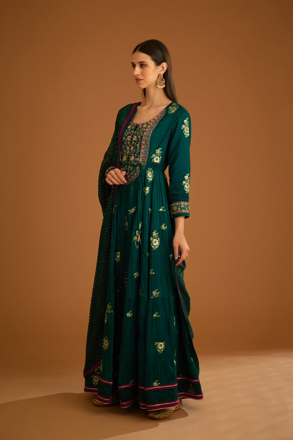 Bottle Green Anarkali Set.