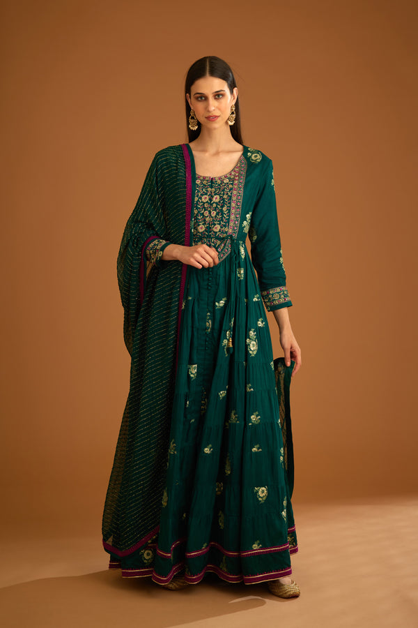 Bottle Green Anarkali Set.