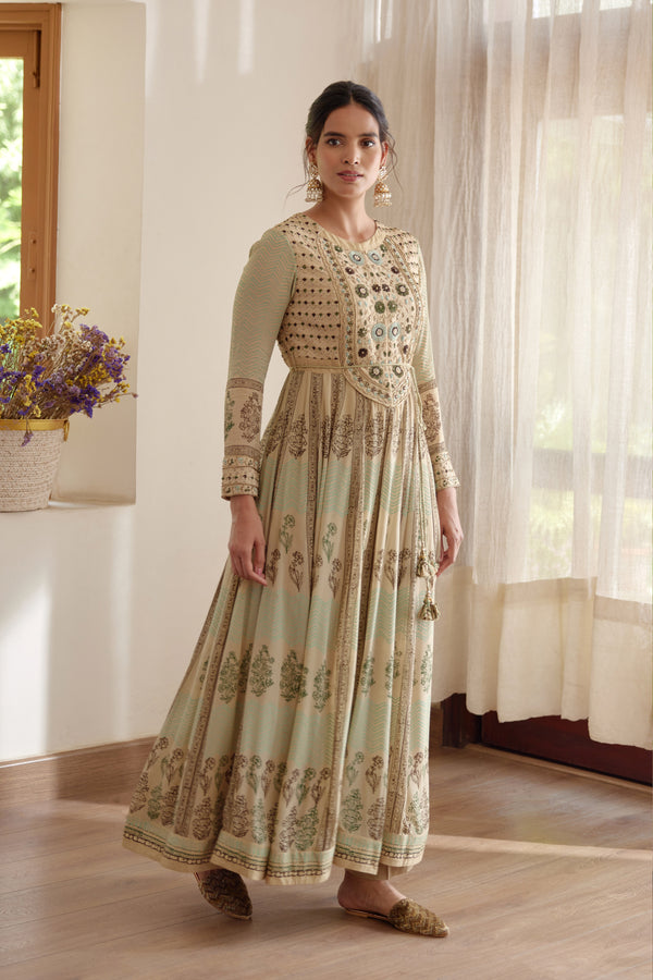 Neutral Green Anarkali Set.