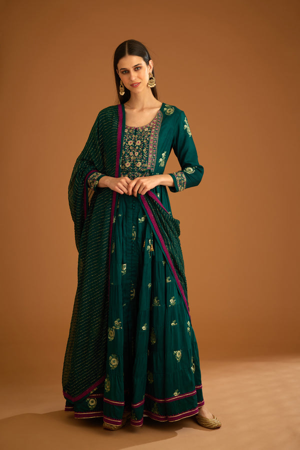 Bottle Green Anarkali Set.