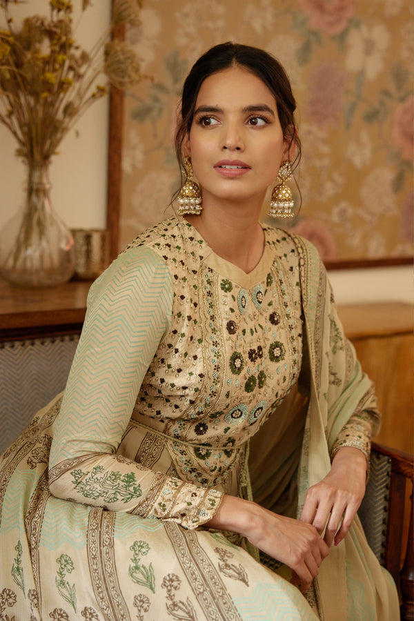 Neutral Green Anarkali Set.