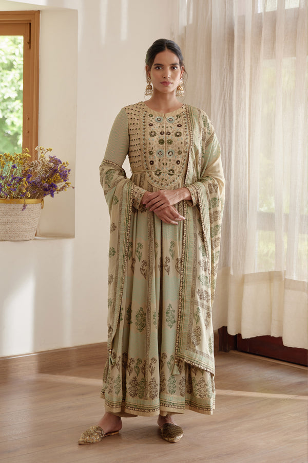 Neutral Green Anarkali Set.