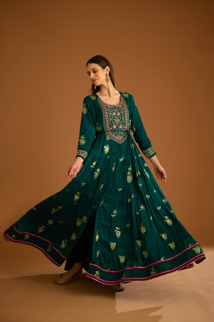 Bottle Green Anarkali Suit With Dupatta- (3Pc Set) By Saras The Label