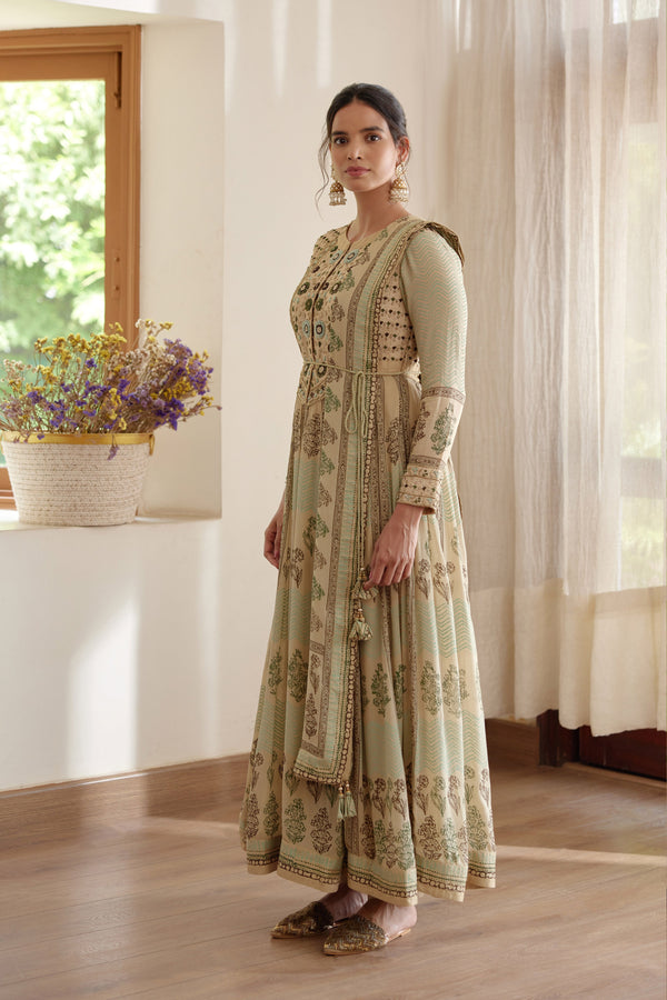 Neutral Green Anarkali Set.