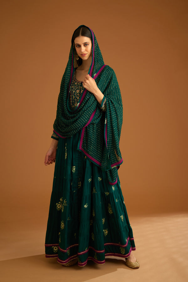 Bottle Green Anarkali Set.