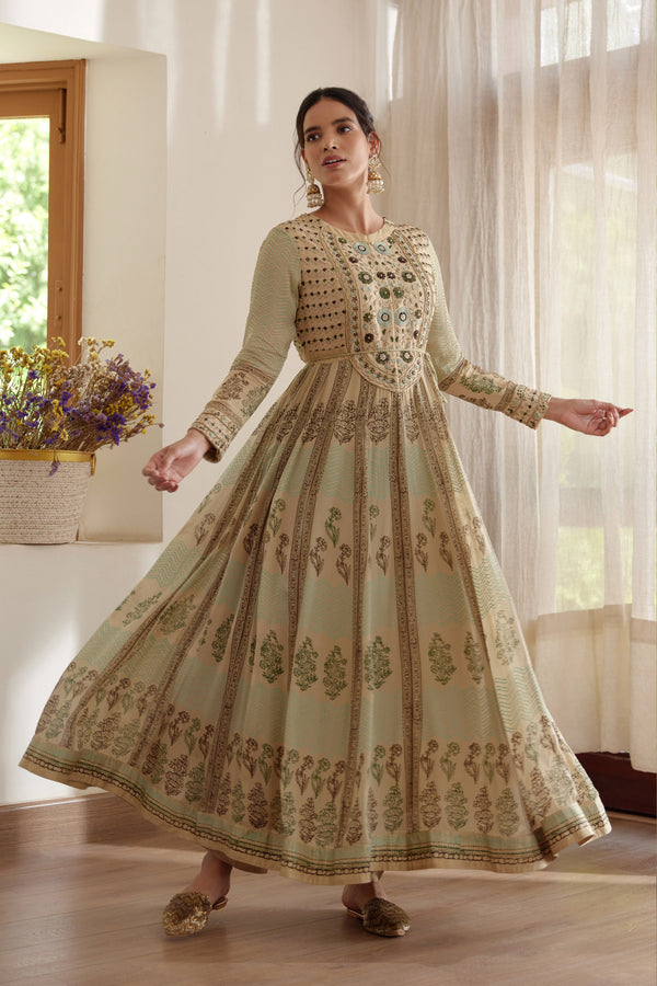 Neutral Green Anarkali Set.