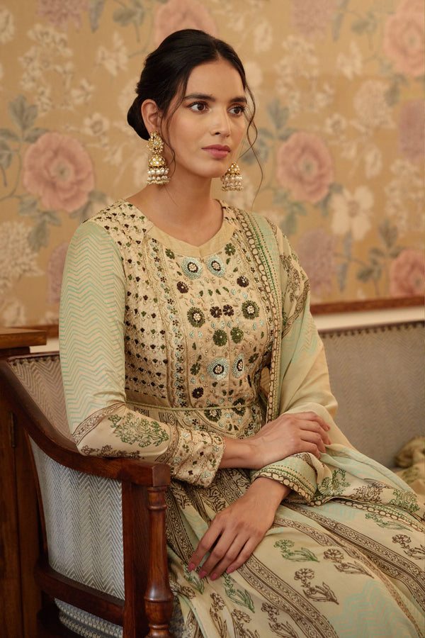 Neutral Green Anarkali Set.