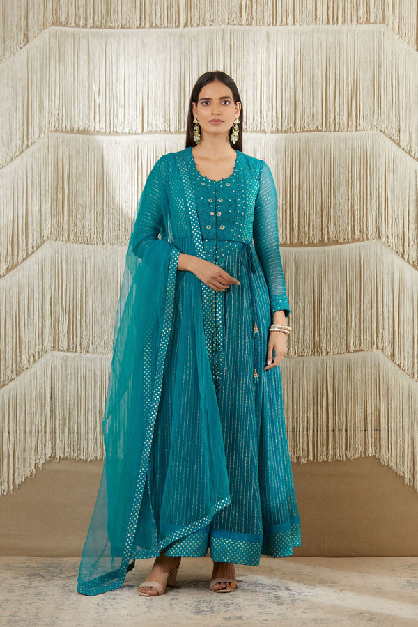 Teal Anarkali set.