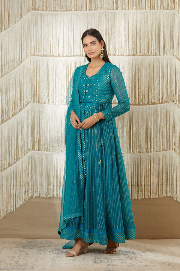 Teal Anarkali set.