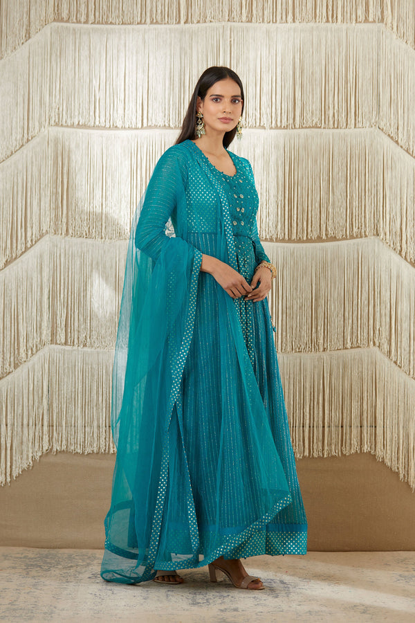 Teal Anarkali set.