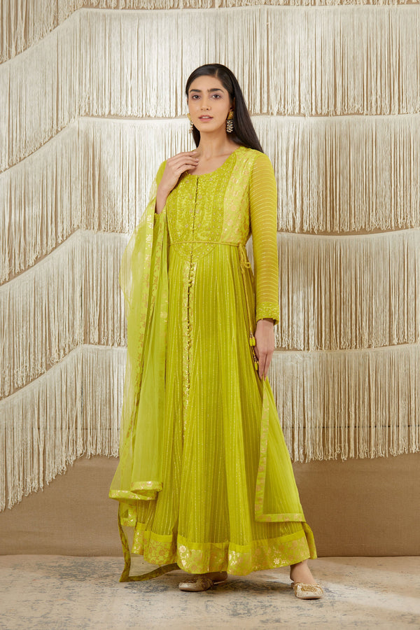 Bright Green Anarkali set.