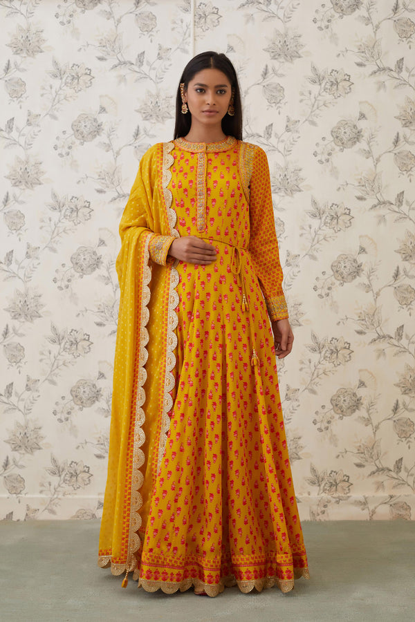 Mustard Orange Anarkali Set.