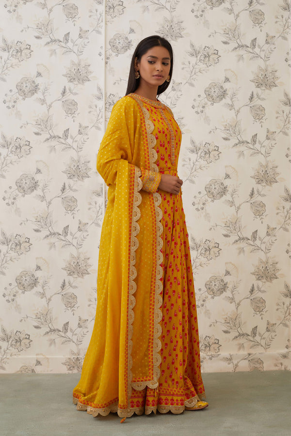 Mustard Orange Anarkali Set.