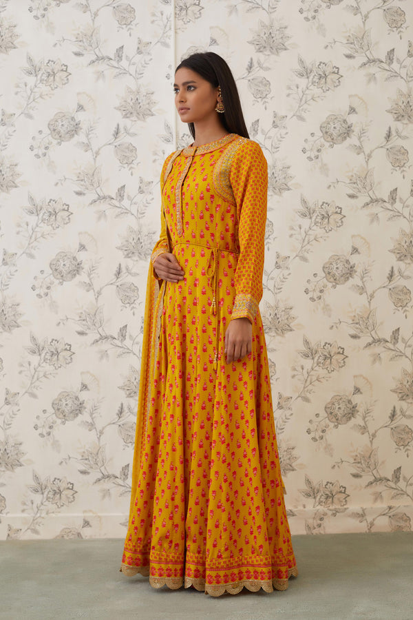 Mustard Orange Anarkali Set.