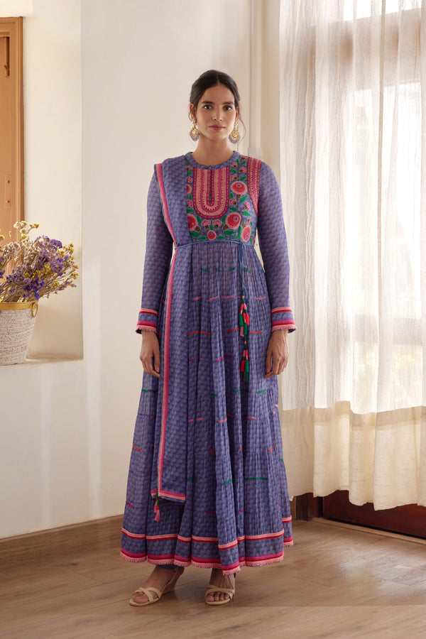 Purple Blue Anarkali Set.