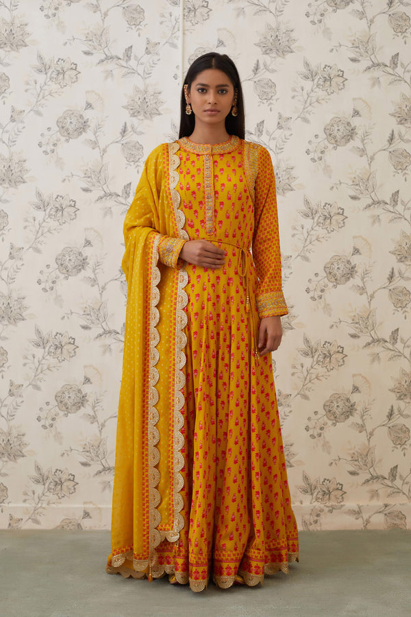 Mustard Orange Anarkali Set.