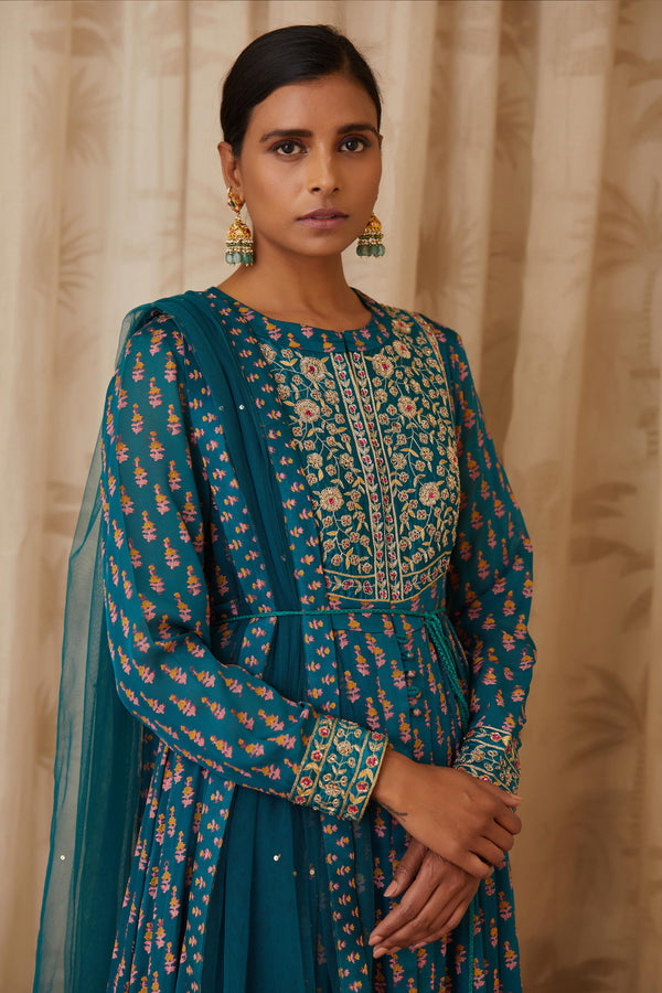 Teal Green Anarkali Set.