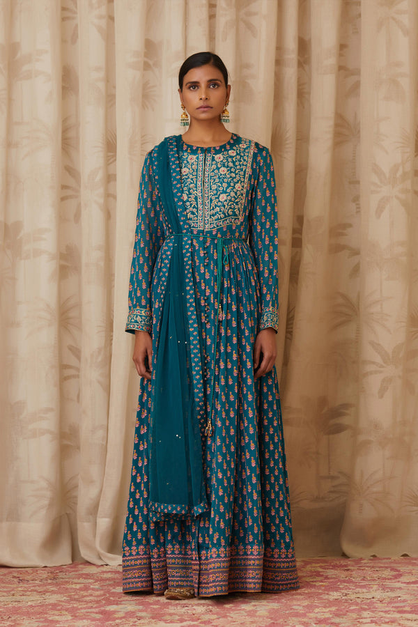 Teal Green Anarkali Set.