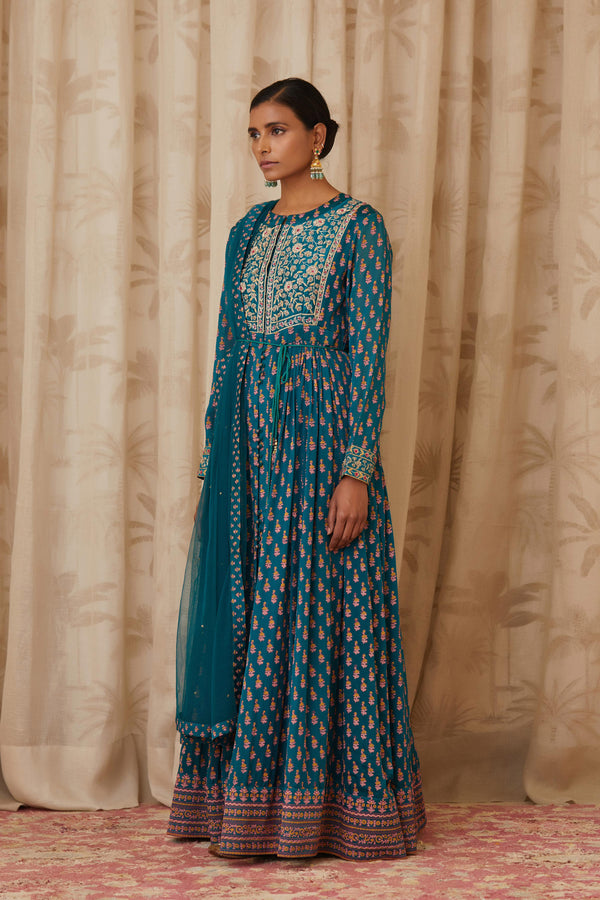 Teal Green Anarkali Set.