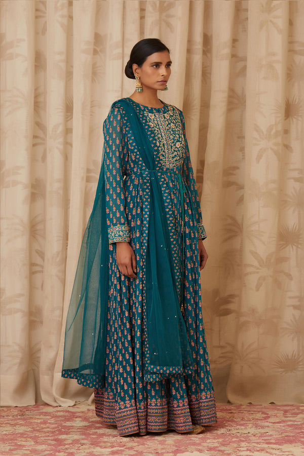 Teal Green Anarkali Set.