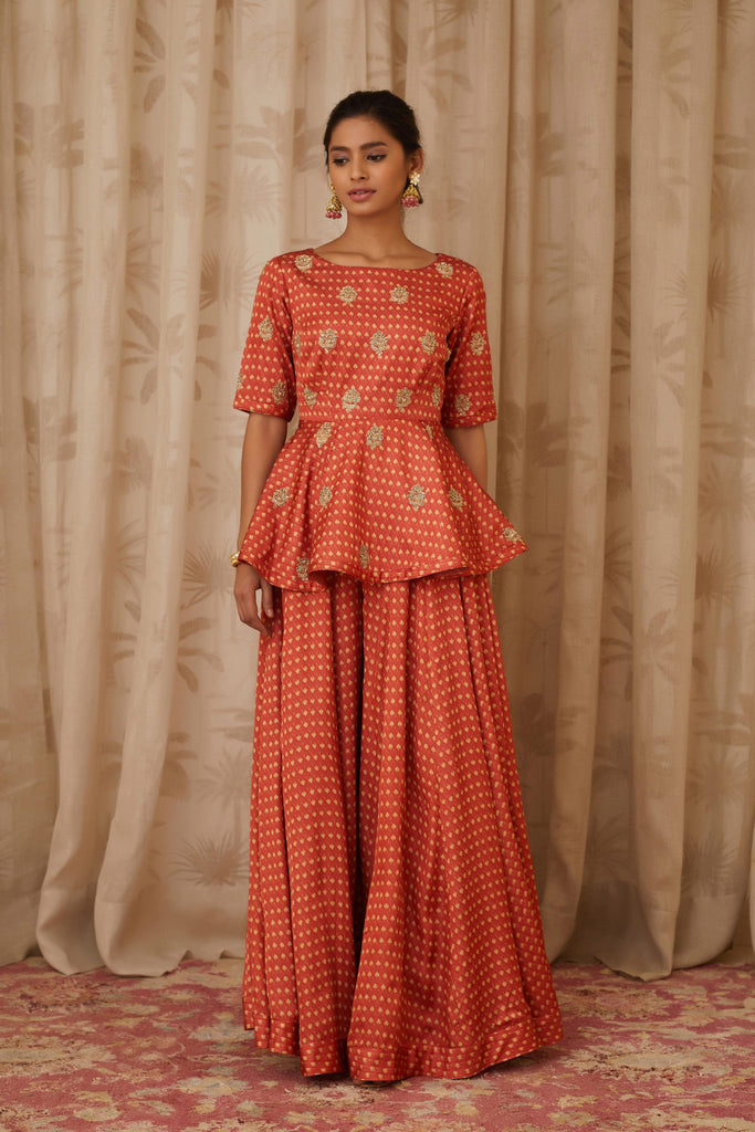Full Sleeved Peplum Top with Bias Palazzo Pants and Dupatta  Agashe