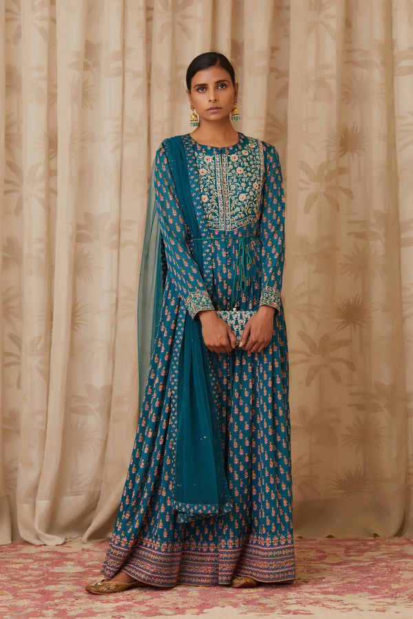 Teal Green Anarkali Set.