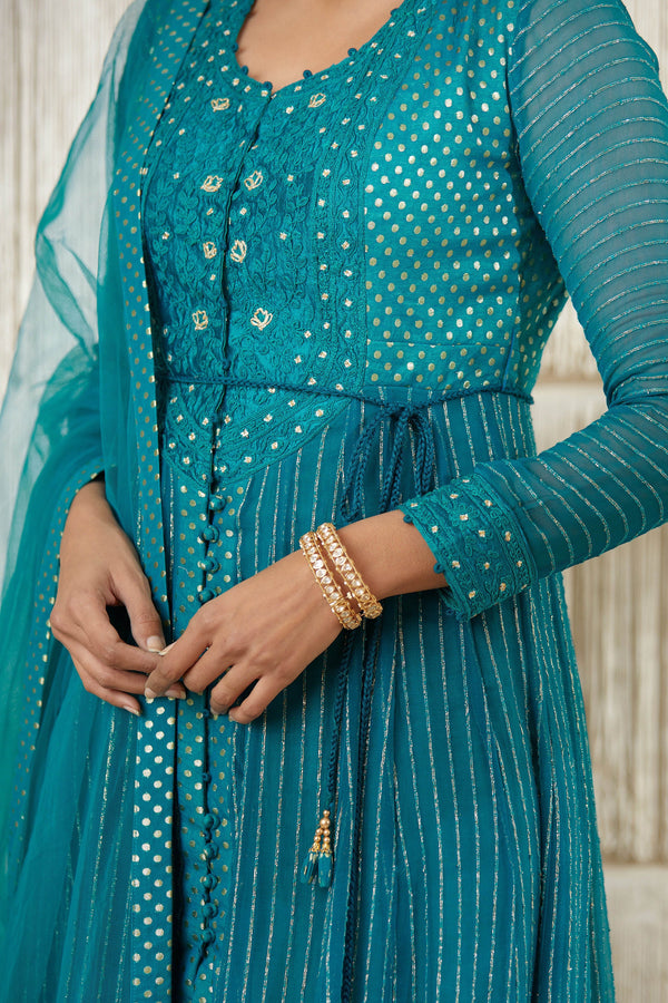 Teal Anarkali set.