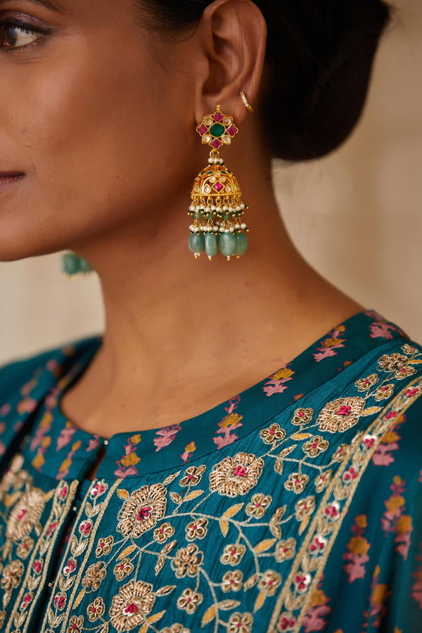 Teal Green Anarkali Set.