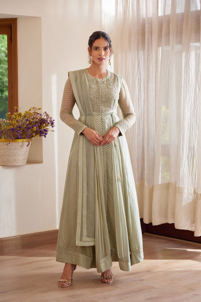Women's Printed Designer Green Anarkali Suit With Dupatta