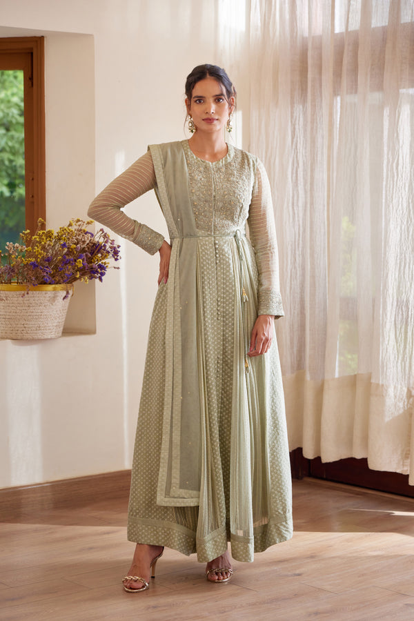 Neutral Green Anarkali Set.